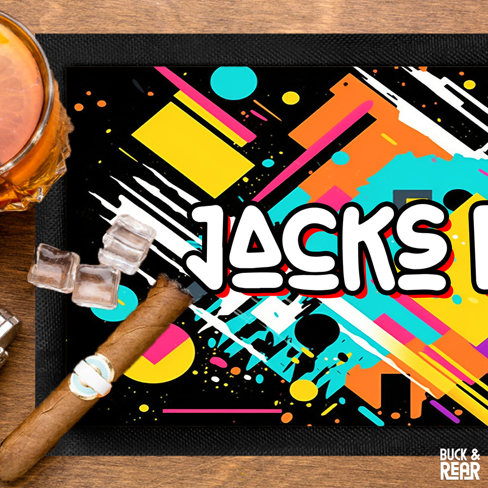 Close up of a bar mat personalised with an 80's Design