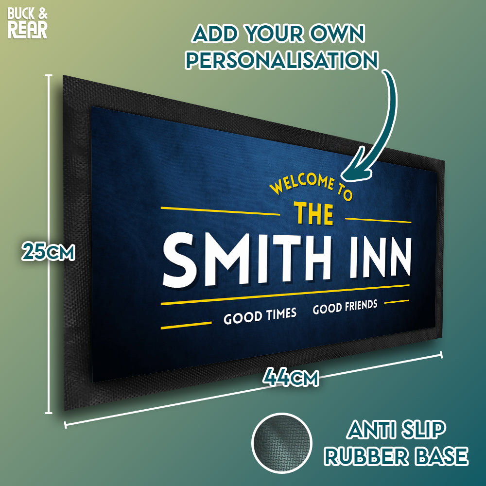 Good times good friends bar mat personalised showing the details of the product