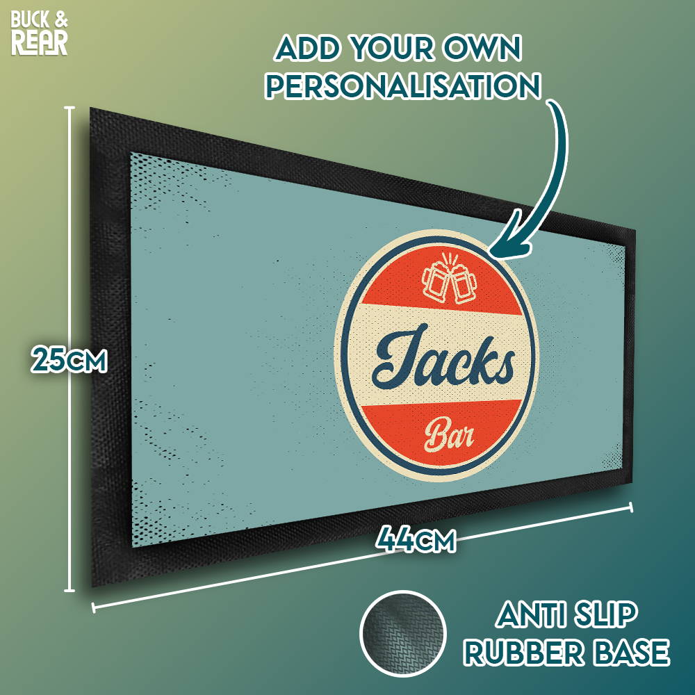 Retro bar mat personalised showing the details of the product