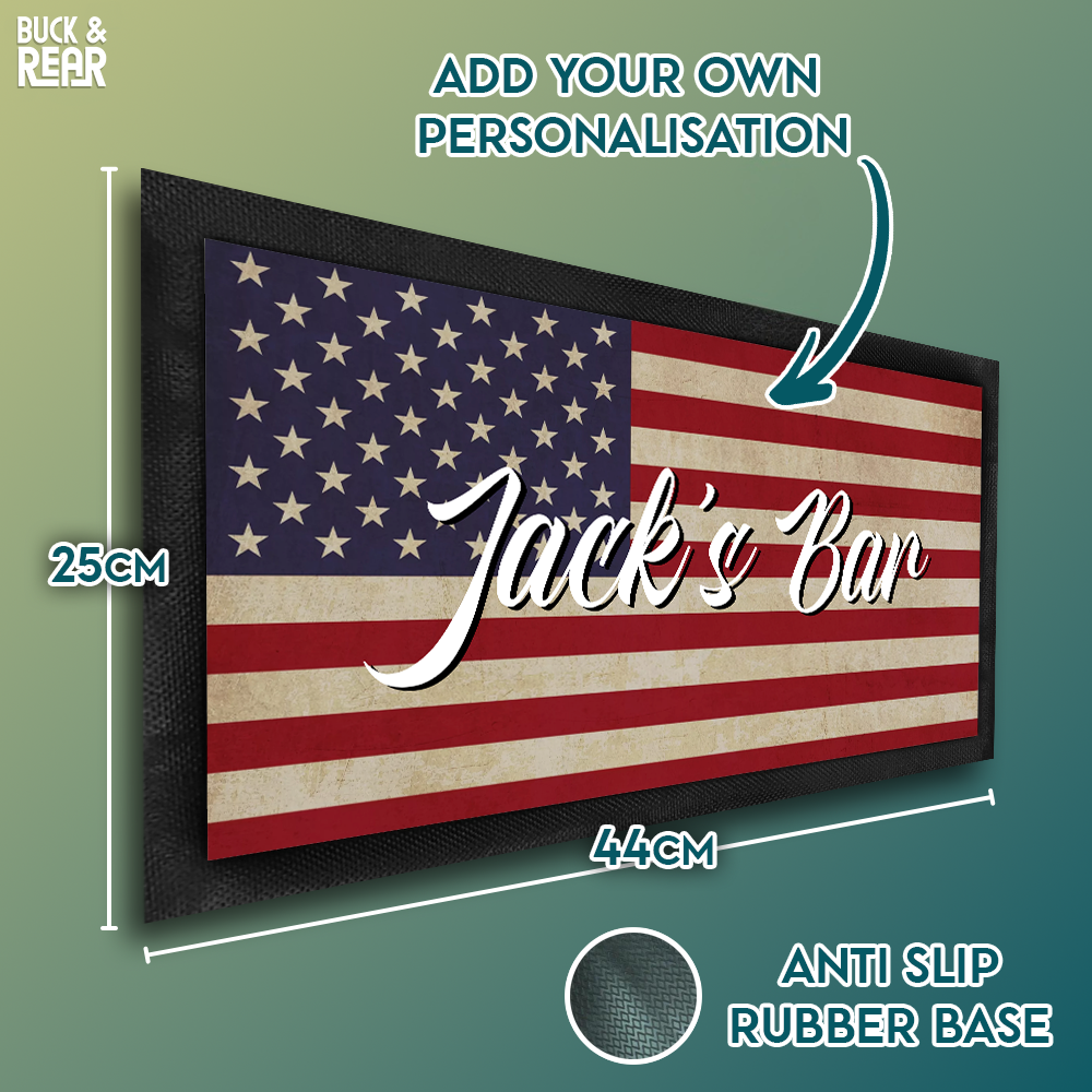 USA flag bar mat personalised showing the details of the product