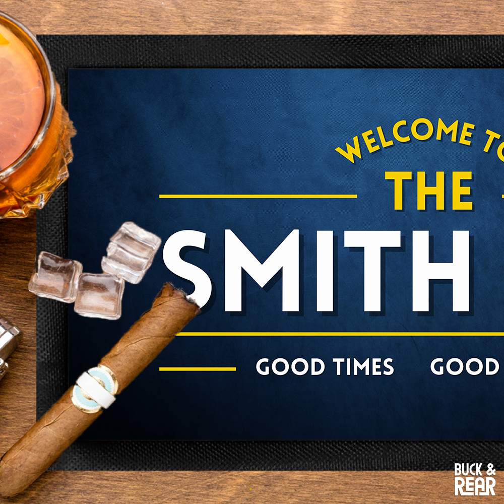 Close up of a bar mat personalised with a good times good friends bar mat