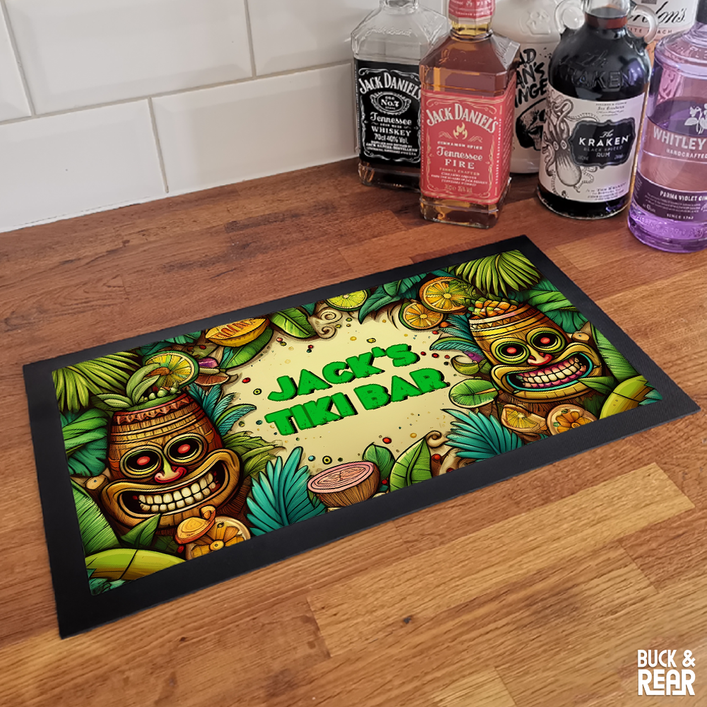 Personalised Tiki Bar bar mat on a counter top