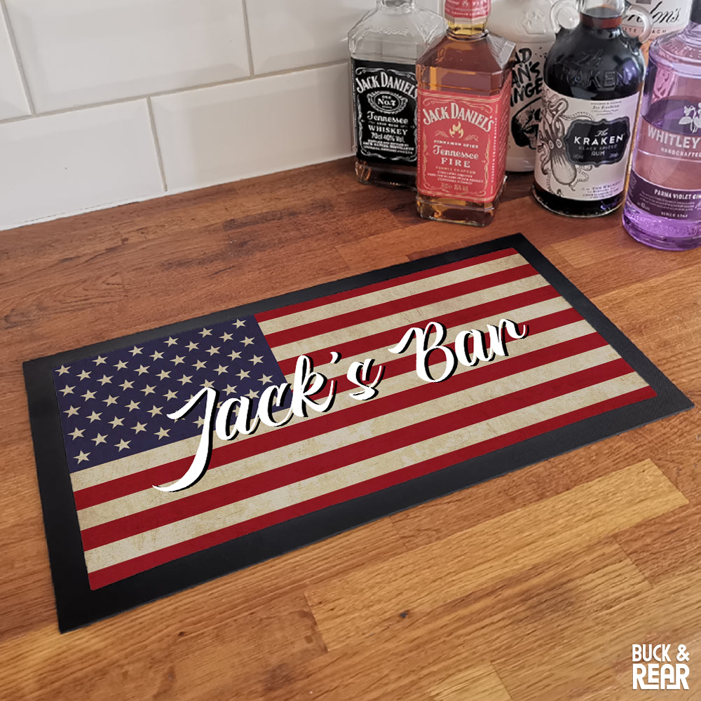 Personalised USA flag bar mat on a counter top