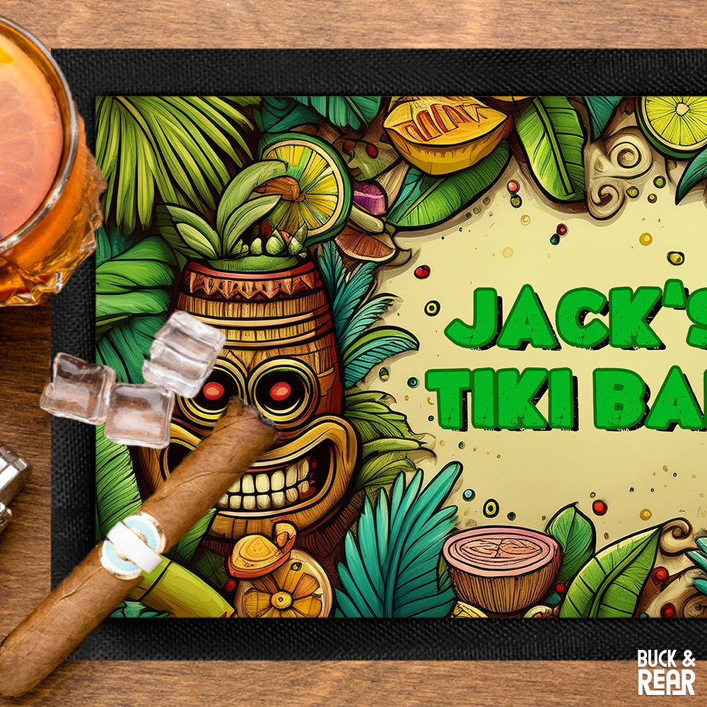 Close up of a bar mat personalised with a Tiki Bar Design