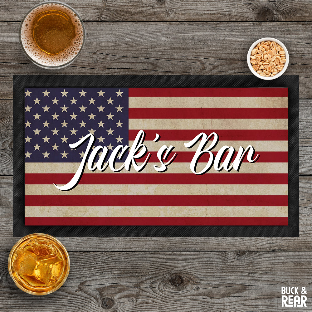 Bar mat with a picture of a USA flag personalised with a name