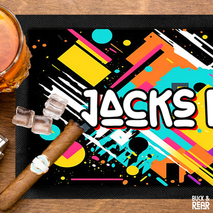 Close up of a bar mat personalised with an 80's Design