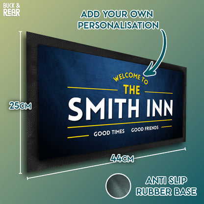 Good times good friends bar mat personalised showing the details of the product