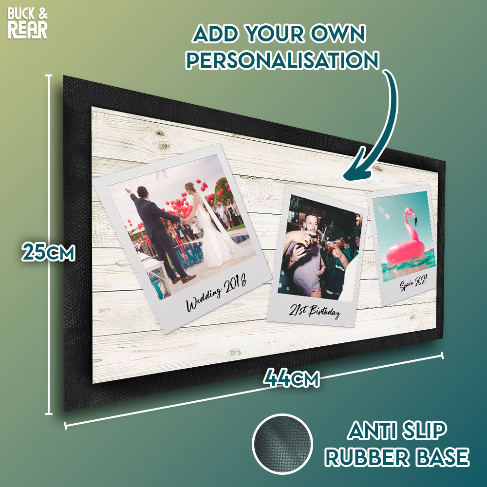 Polaroid bar mat personalised showing the details of the product