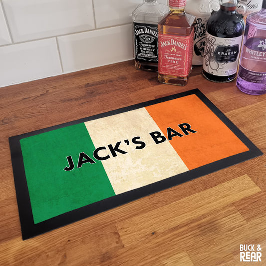 Personalised England bar mat on a counter top