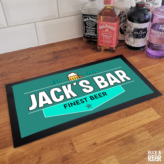 Personalised Finest Beer bar mat on a counter top