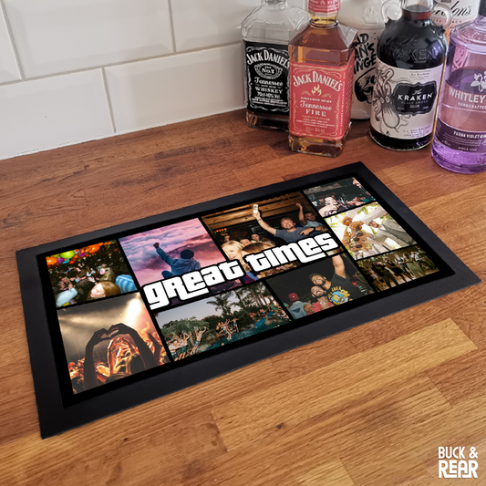 Personalised GTA bar mat on a counter top