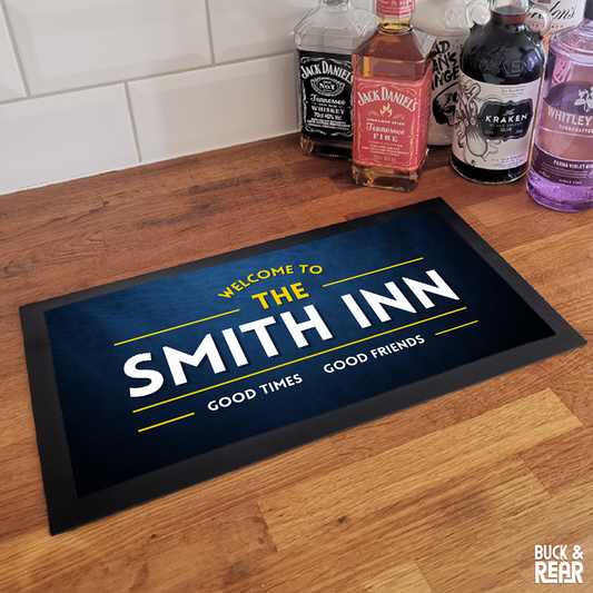 Personalised Good times good Friends bar mat on a counter top