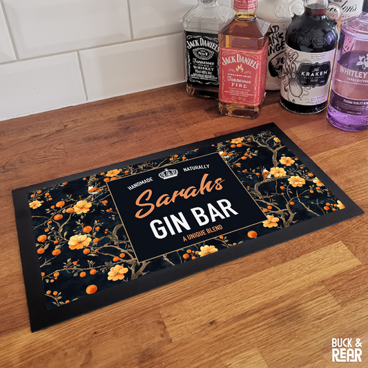 Personalised Handmade Naturally bar mat on a counter top
