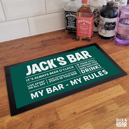 Personalised my bar my rules bar mat on a counter top