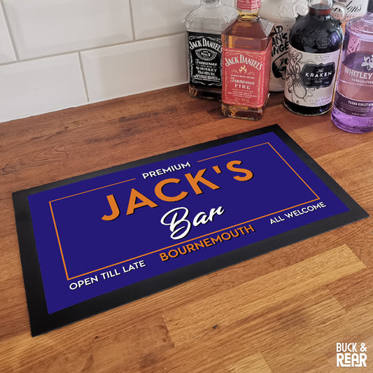 Personalised Open Till Late bar mat on a counter top