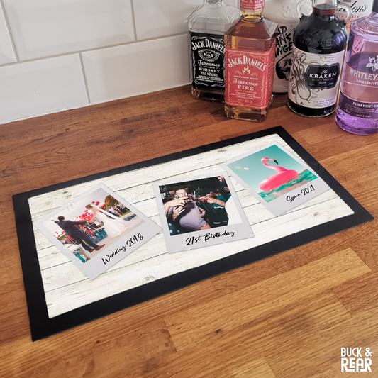 Personalised Polaroid bar mat on a counter top