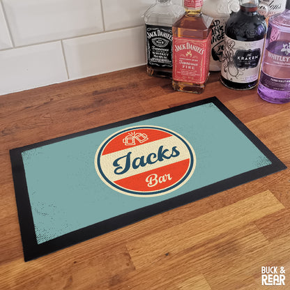 Personalised Retro bar mat on a counter top