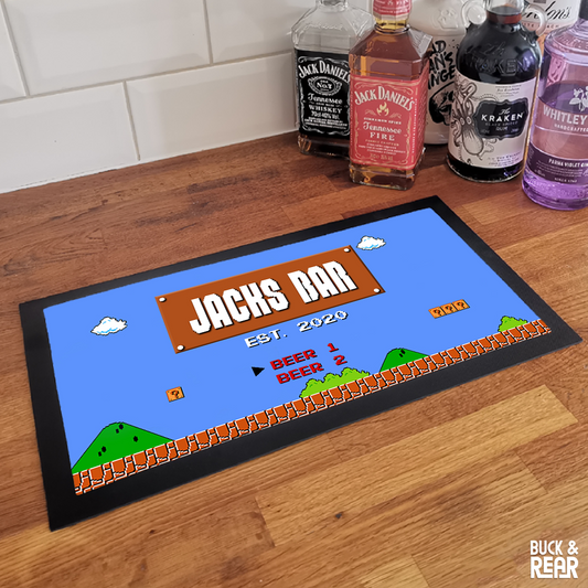 Personalised Retro Game bar mat on a counter top