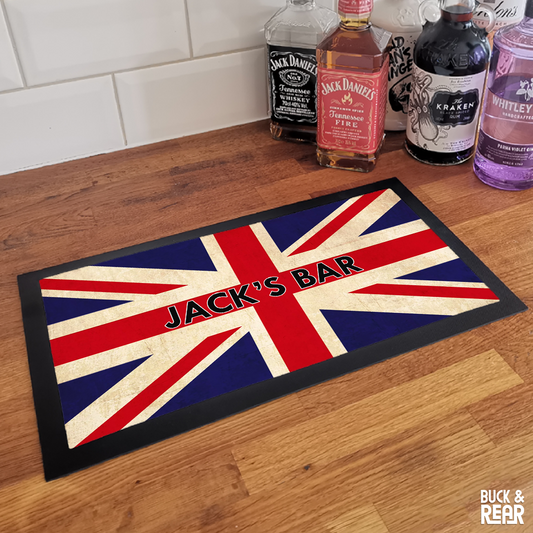 Personalised Union Jack bar mat on a counter top