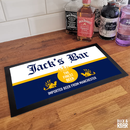 Personalised corona bar mat on a counter top