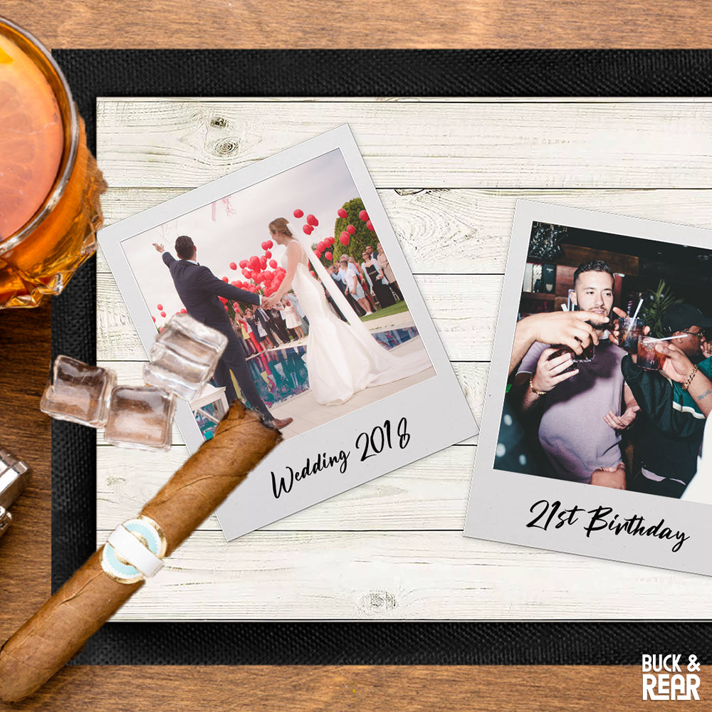Close up of a bar mat personalised with customers photos