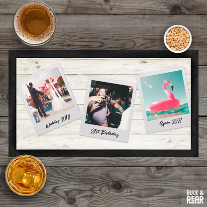 Bar mat with 3 polaroid photos personalised 
