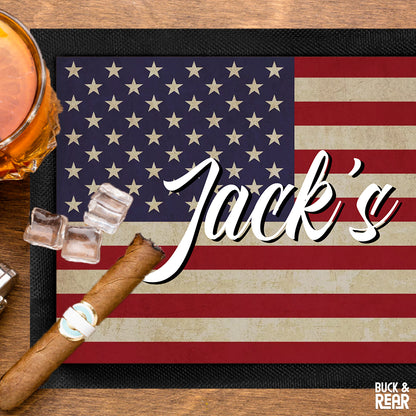 Close up of a bar mat personalised with the USA flag