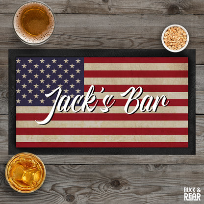 Bar mat with a picture of a USA flag personalised with a name