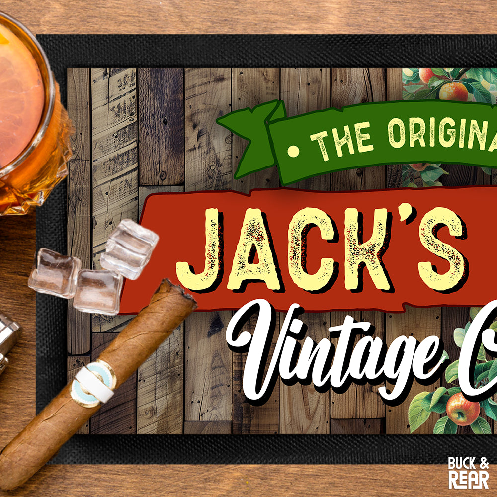 Close up of a bar mat personalised with a Vintage Cider Design